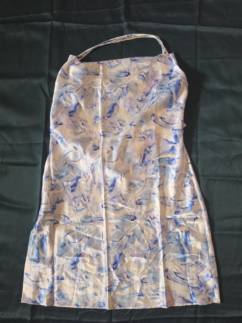 vibrant Blue Marbel satin mini dress  
Wild Fable
delicate silver chain strap.